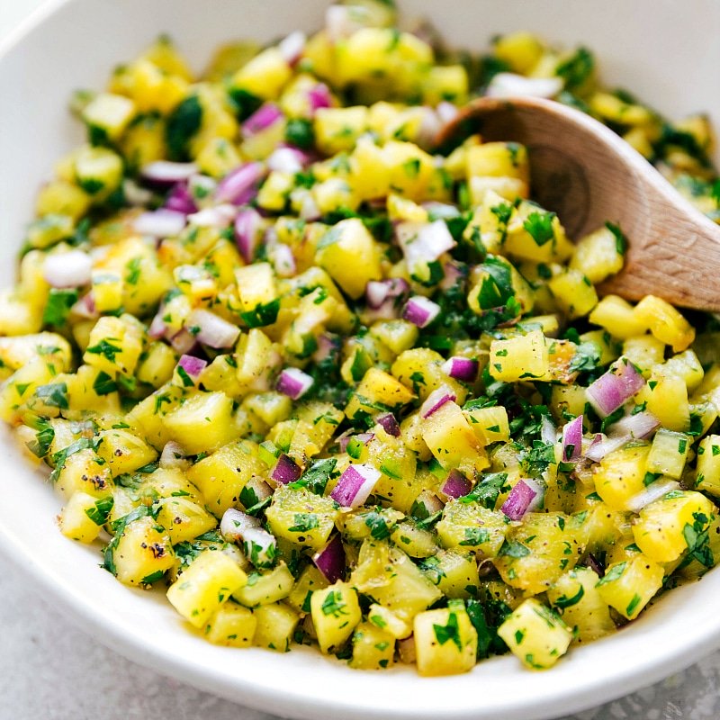 Image of the salsa mixed and ready to eat for this healthy Pineapple Chicken.