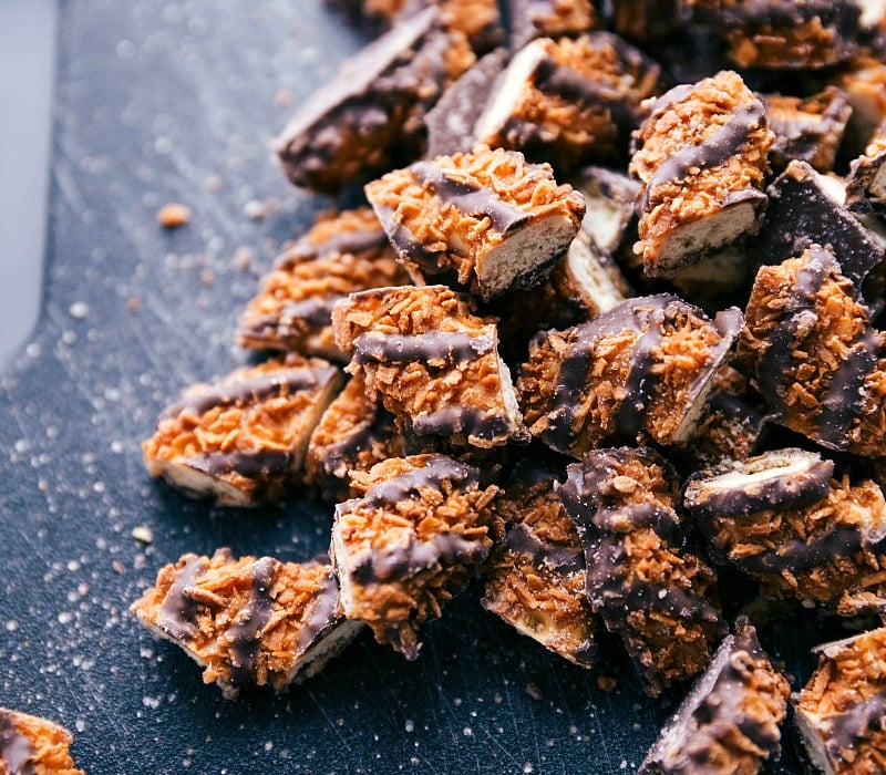 Samoas cookies cut up and prepped for the dessert.