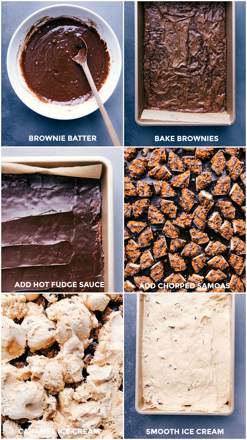Process shots-- images of the brownie batter being made; then baked; Samoas chopped up; ice cream added on top of the brownies; ice cream smoothed over the top.