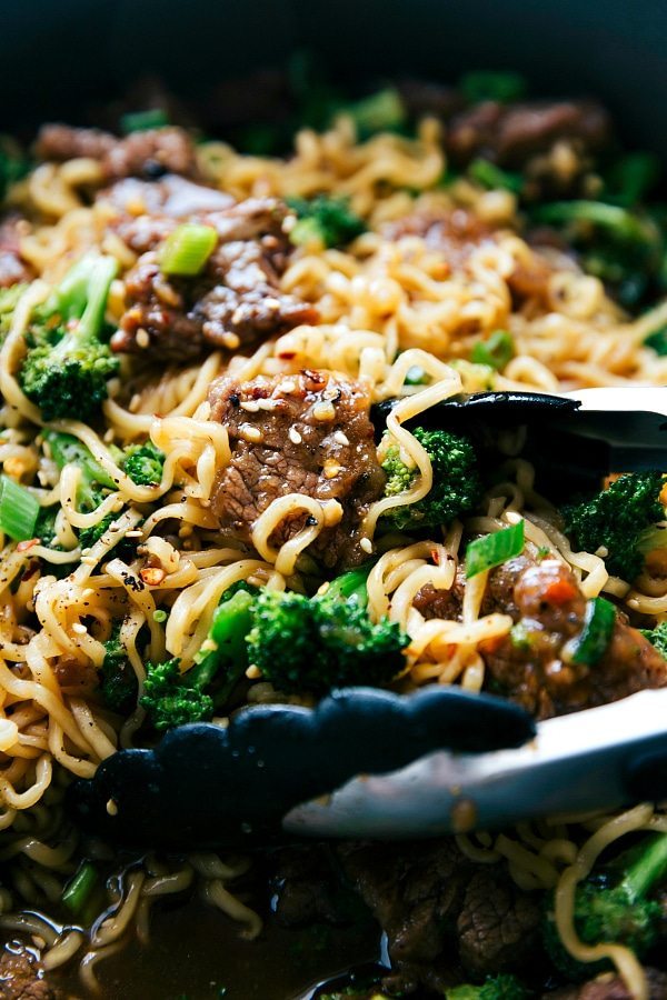 The best way to enjoy beef and broccoli -- over ramen noodles! A delicious and easy 30 minute dinner recipe! From chelseasmessyapron.com