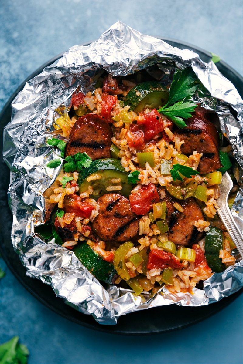 Overhead image of the Tin Foil Jambalaya Packets