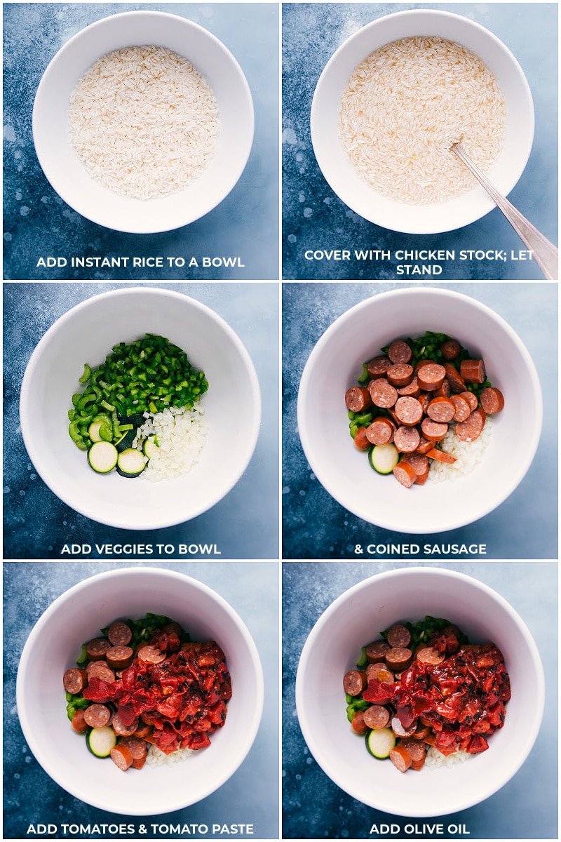 Process shots: adding instant rice to a bowl with chicken stock, prepping veggies and sausage, and adding that all in a bowl with tomatoes, tomato paste, and olive oil