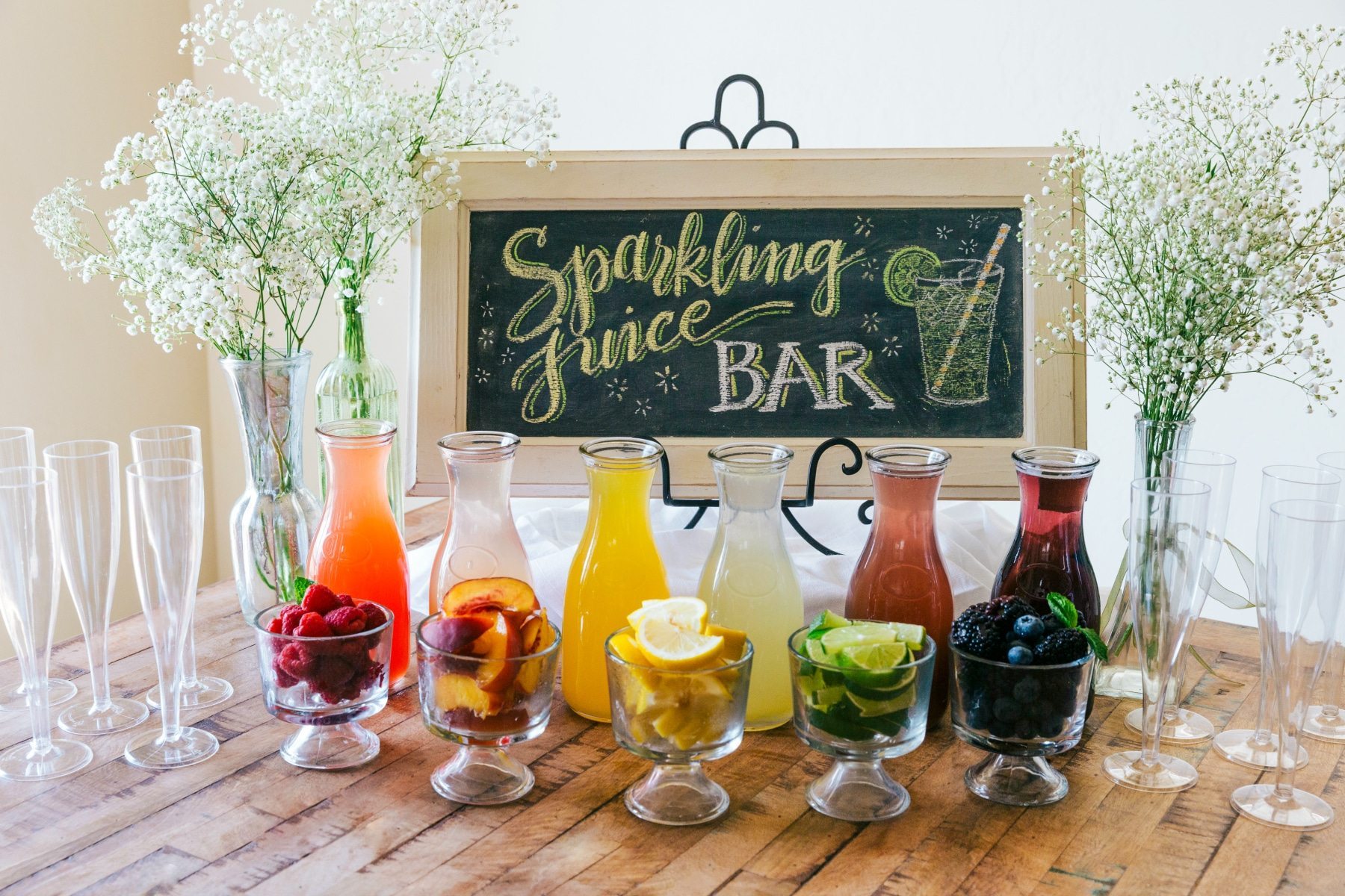 A great idea for a party, baby shower, wedding shower, birthday, etc. An easy PANCAKE BAR with a SPARKLING JUICE BAR! (Non alcoholic) via chelseasmessyapron.com