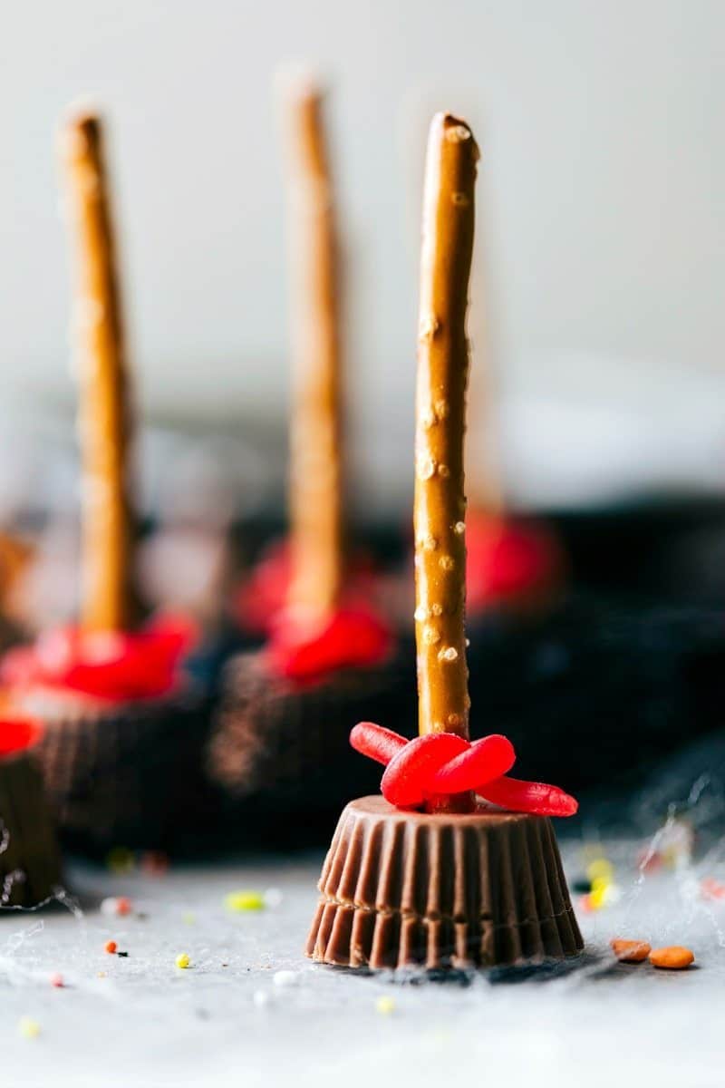 WITCH BROOM! Easy, cute, festive, and fun-to-make Halloween treats -- each with three ingredients or less. Monster eyeballs, witches hats, witches brooms, and bat bites.
