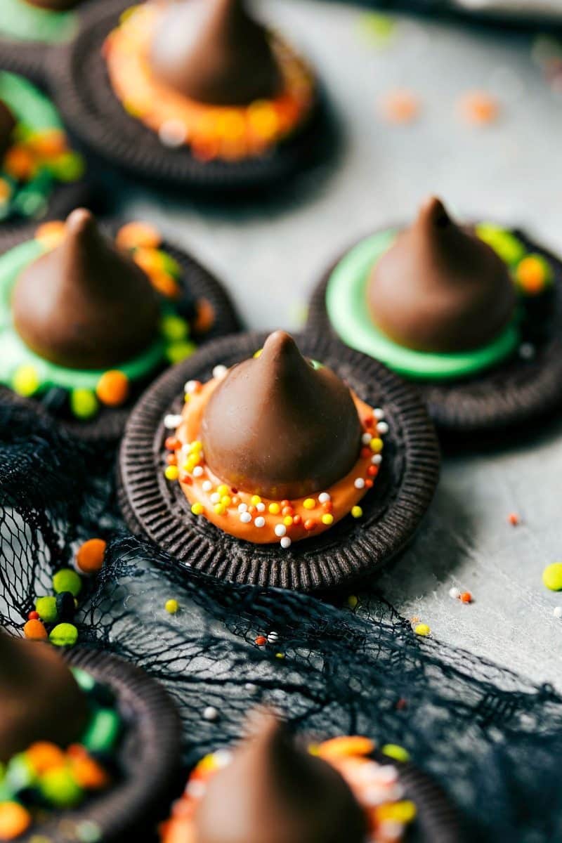 WITCH HATS! Easy, cute, festive, and fun-to-make Halloween treats -- each with three ingredients or less. Monster eyeballs, witches hats, witches brooms, and bat bites.