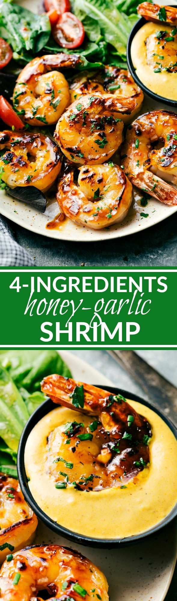 SWEET HONEY GARLIC SHRIMP! The easiest shrimp dish! Only three ingredients double as a marinade and basting sauce to create this ultra-flavorful sweet honey-garlic shrimp. Plus a simple (optional) 3-ingredient dipping sauce! Recipe via chelseasmessyapron.com