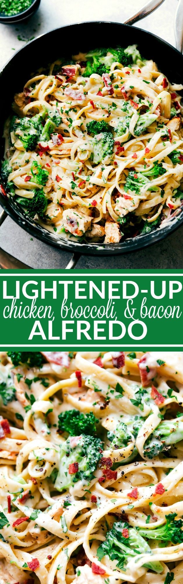 DELICIOUS SKINNY CHICKEN ALFREDO- A delicious and rich chicken broccoli Alfredo with bacon that is secretly lightened-up. Half the calories, all the great flavors! Recipe from chelseasmessyapron.com