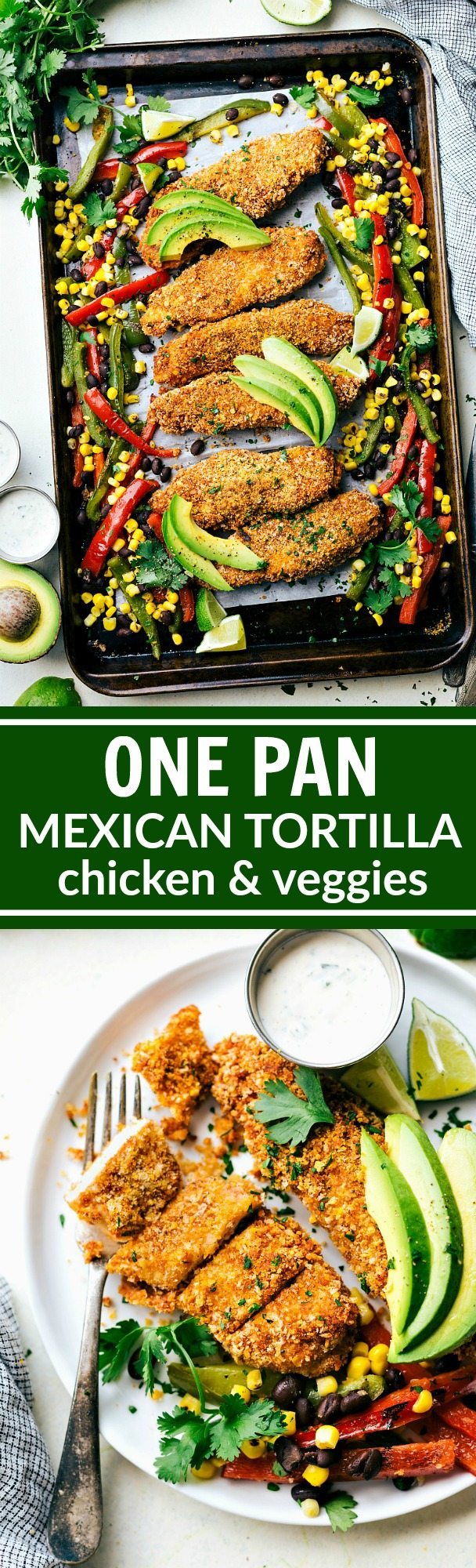 ONE PAN Mexican Tortilla Chicken and Veggies! Tortilla crusted chicken baked on one pan with peppers, corn, and black beans! A delicious, hearty, and healthy meal the whole family will love! Recipe via chelseasmessyapron.com