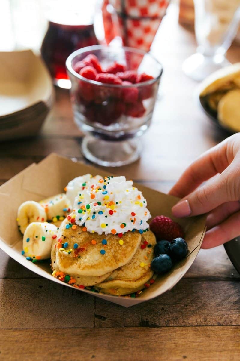 A great idea for a party, baby shower, wedding shower, birthday, etc. An easy PANCAKE BAR with a SPARKLING JUICE BAR! (Non alcoholic)