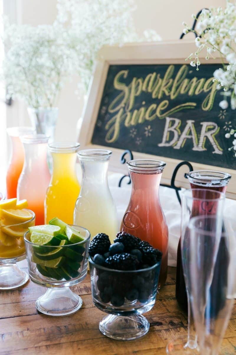 A great idea for a party, baby shower, wedding shower, birthday, etc. An easy PANCAKE BAR with a SPARKLING JUICE BAR! (Non alcoholic) via chelseasmessyapron.com