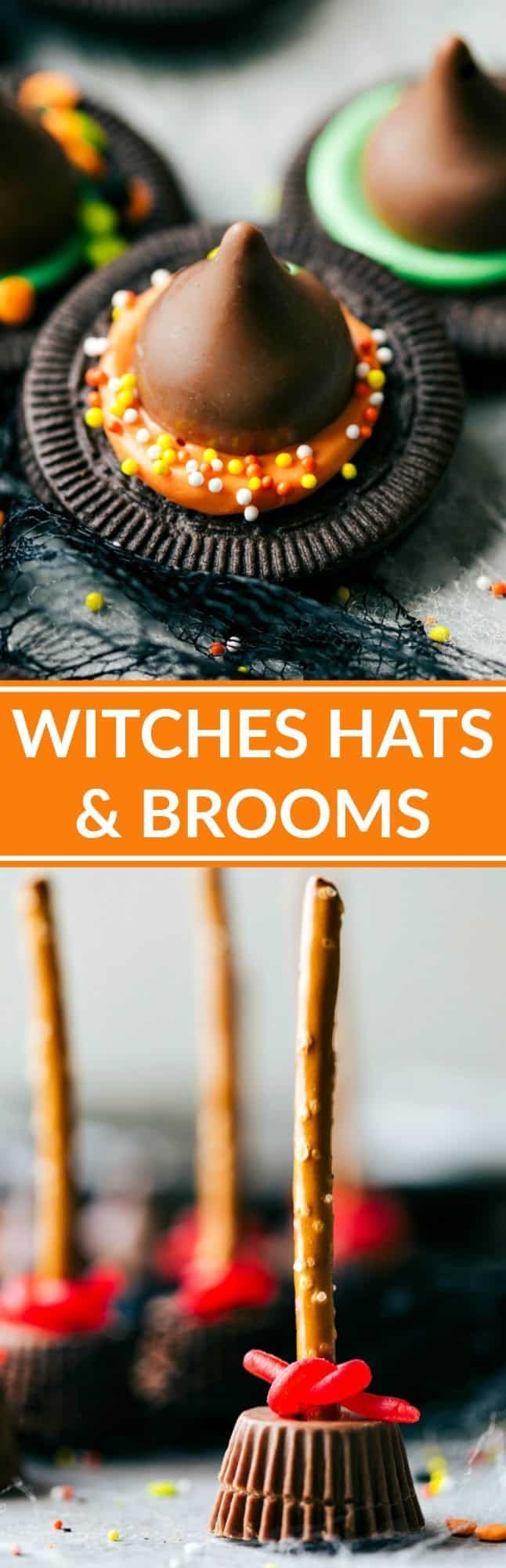 Easy, cute, festive, and fun-to-make Halloween treats -- each with four ingredients or less. Monster eyeballs, witches hats, witches brooms, and bat bites. Video tutorial included! Recipes via chelseasmessyapron.com