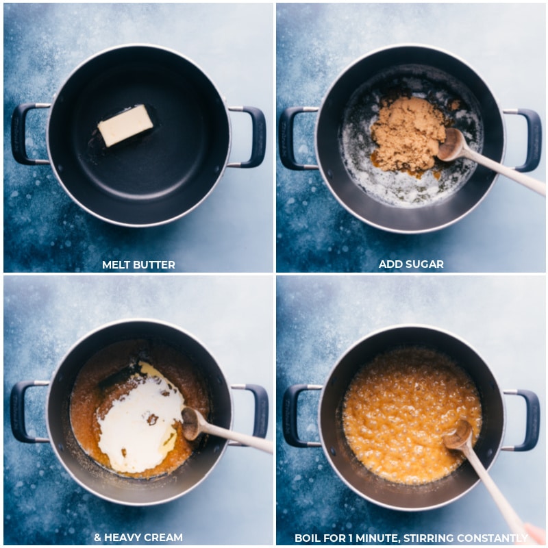 Process shots-- images of the butter being melted, sugar and heavy cream being added and mixed together