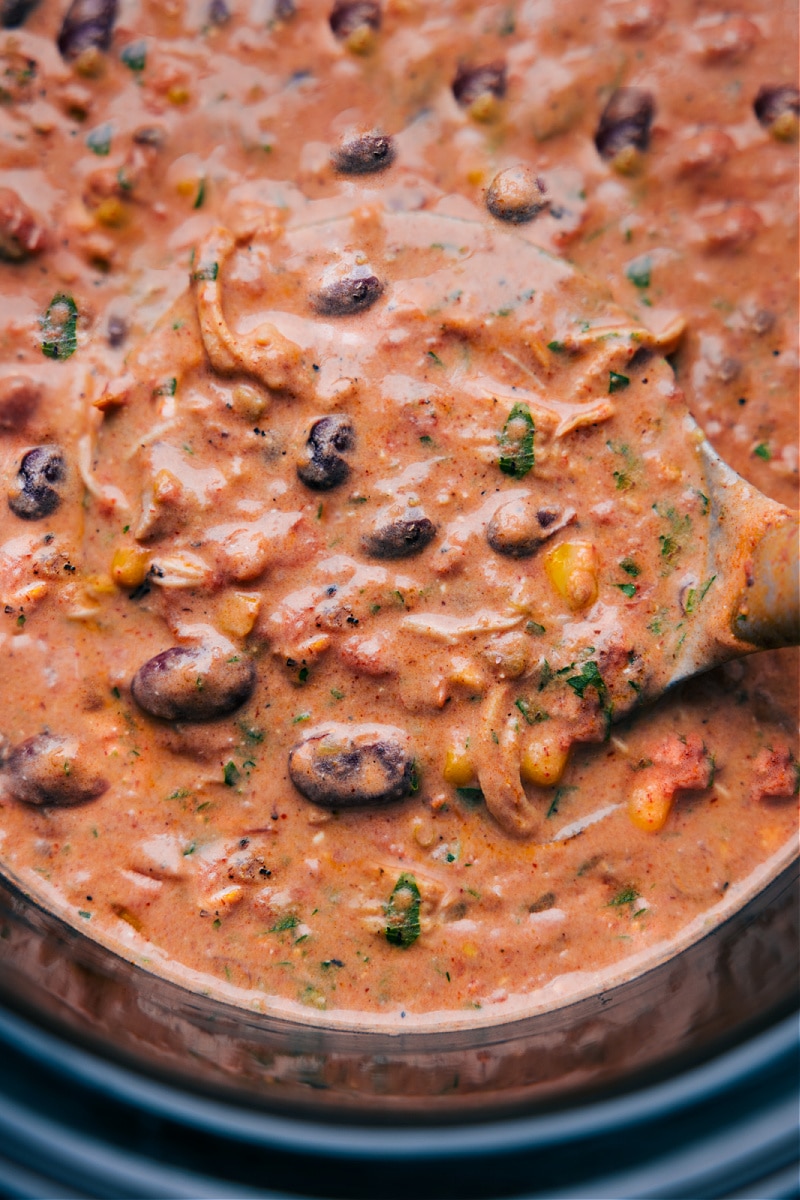 Up close overhead image of the chicken taco chili ready to be enjoyed