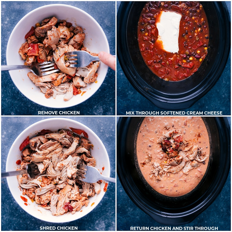 Process shots of chicken taco chili-- images of the chicken being shredded and added back into the crockpot and then cream cheese being added in