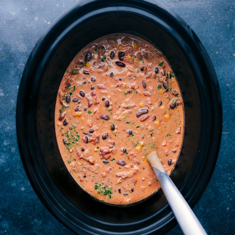 Overhead image of the dish freshly cooked in the crockpot