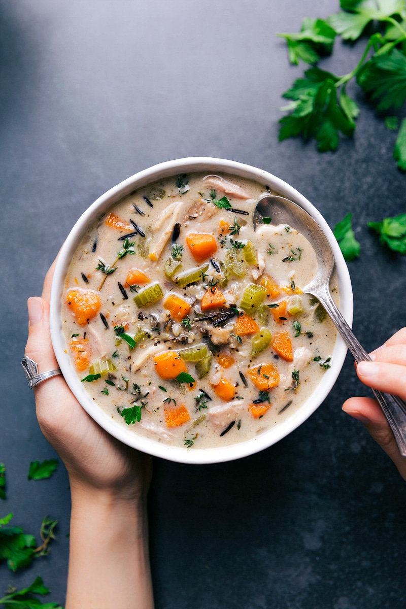 Overhead image of Crockpot Chicken-Wild Rice Soup, in a bowl, ready to be eaten