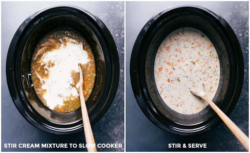 Two images: adding cream mixture into the slow cooker; stirring and ready to serve.