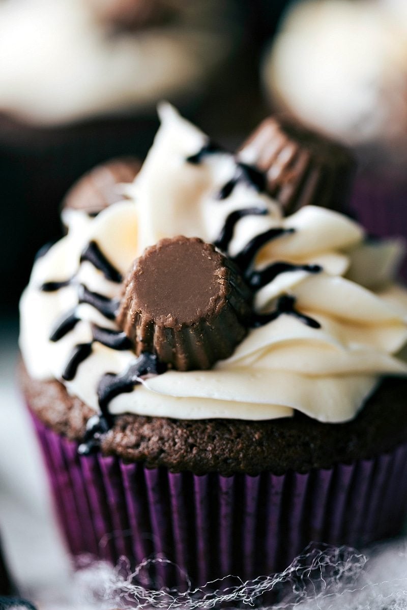 Easy decorated Spider Cupcakes. Recipe and VIDEO TUTORIAL via chelseasmessyapron.com