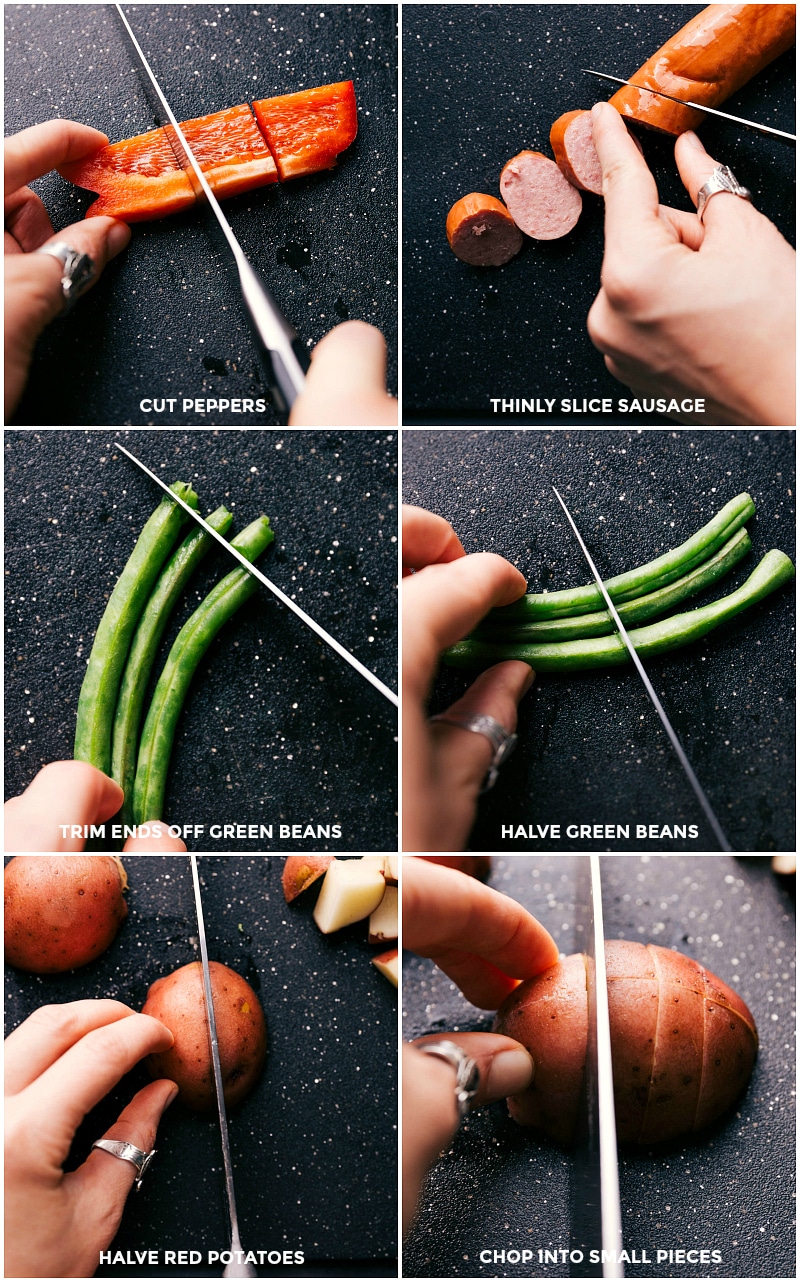 Process shots-- images of all the veggies being chopped for Sheet Pan Sausage and Veggies.