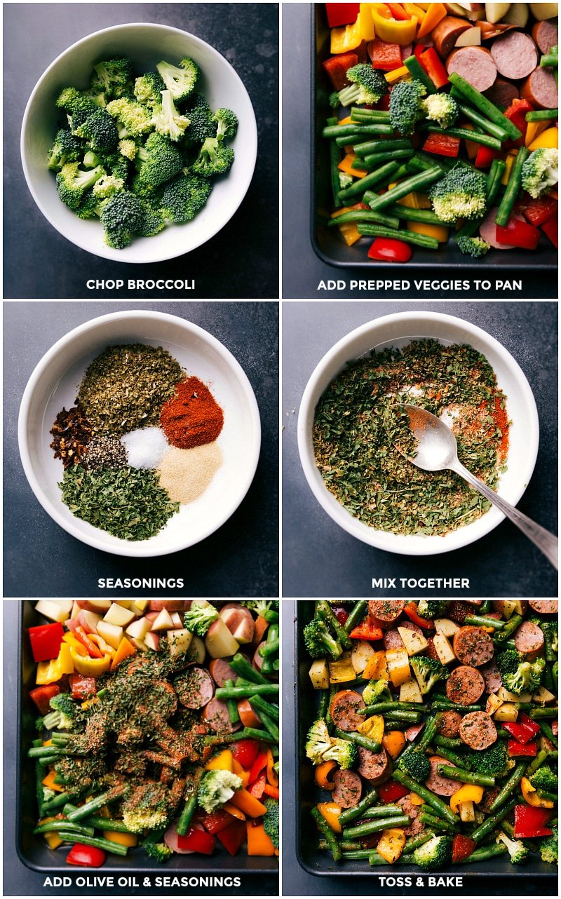 Vegetables being tossed on a sheet pan with seasonings sprinkled on top, in preparation for cooking the sausage and veggie sheet pan.