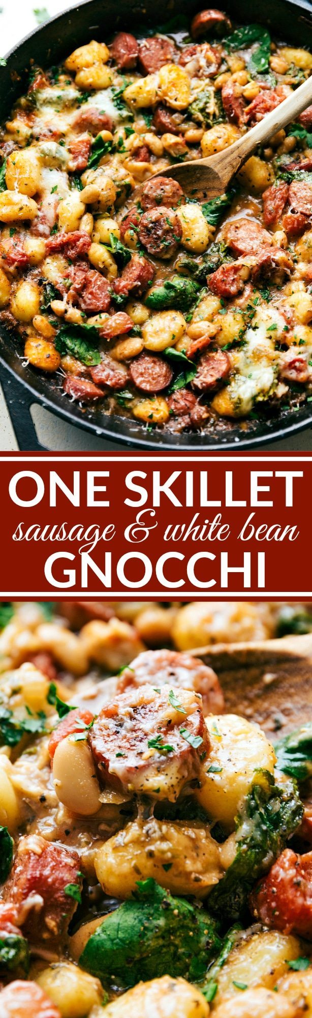 Only ONE skillet needed for a delicious 30 minute dinner recipe. Garlic, onion, sausage, white beans, gnocchi, tomatoes, and spinach plus spices and cheese mix together to make an incredible dinner in thirty minutes. Recipe via chelseasmessyapron.com