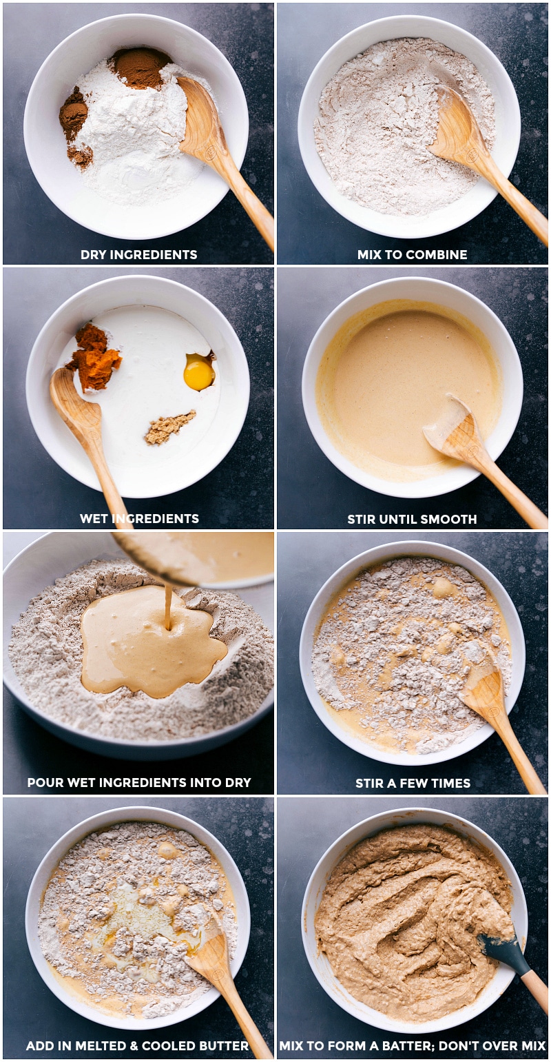 Process shots: combining the dry ingredients; combining the wet ingredients; pouring the wet into the dry ingredients; stirring briefly.