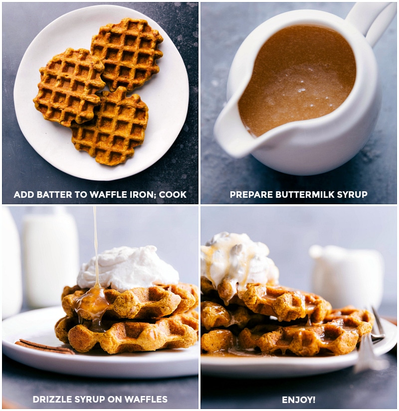 The finished pumpkin waffle recipe, cooked to perfection and served with prepared buttermilk syrup, drizzled over the waffles and whipped cream, ready to be enjoyed as a delightful breakfast.