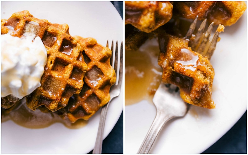 Closeup view of Pumpkin Waffles, topped with homemade whipped cream and buttermilk syrup; a forkful of waffles.