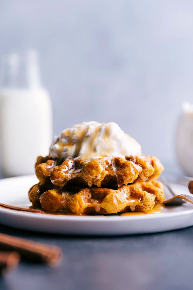 Up-close image of Pumpkin Waffles with all the toppings.