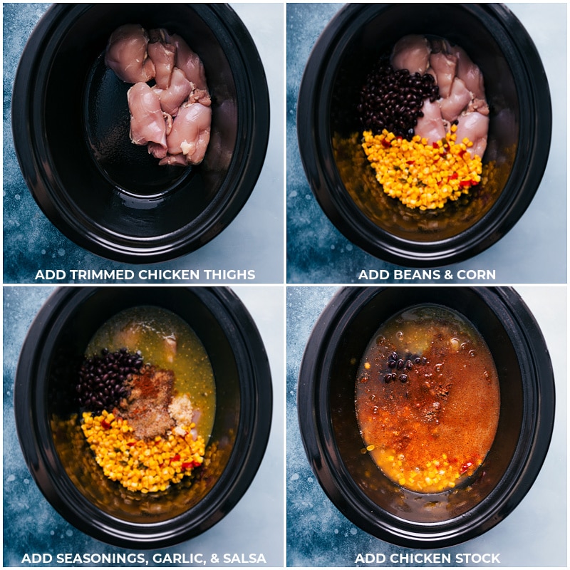 Process shots: add trimmed chicken thighs to slow cooker; add remaining ingredients