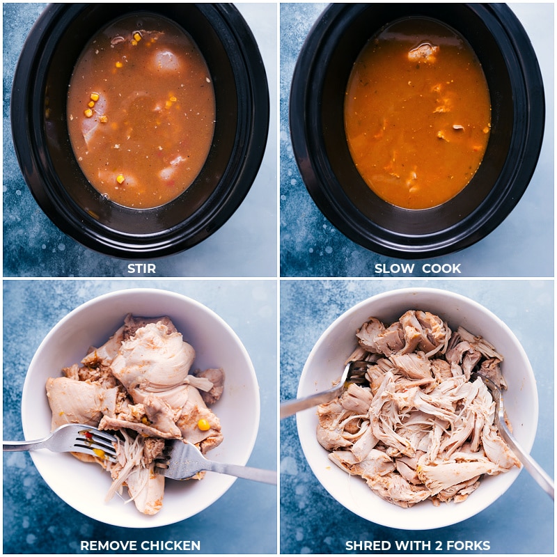 Process shots: stir ingredients together and cook; remove chicken and shred.