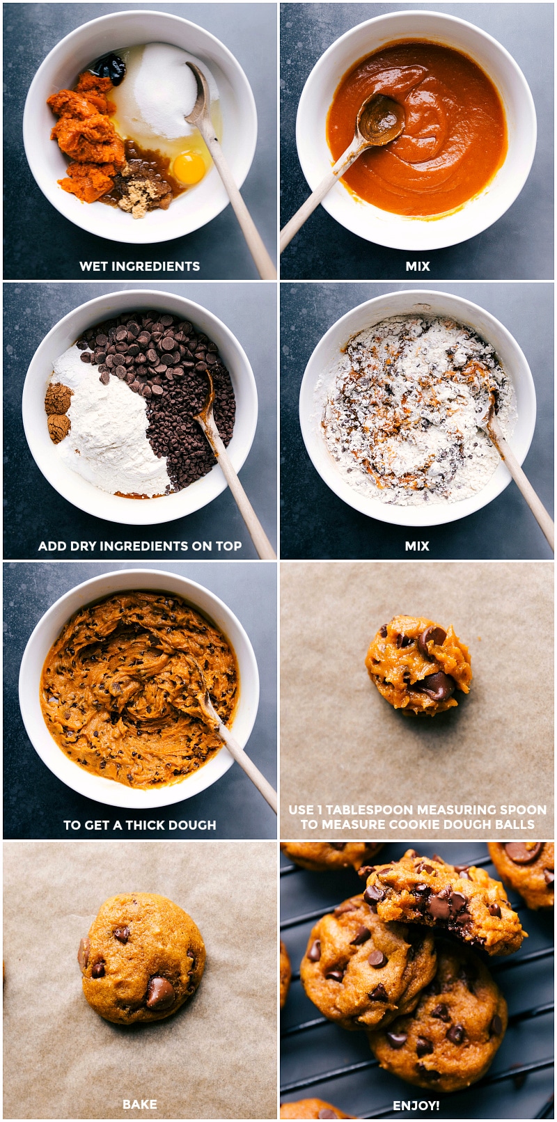 Process shots-- images of the wet and dry ingredients being measured and mixed together; the dry ingredients being added on top; everything stirred together; the dough being rolled out and baked.