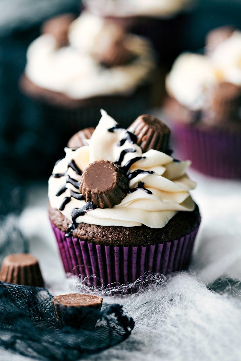 Easy decorated Spider Cupcakes. Recipe and VIDEO TUTORIAL via chelseasmessyapron.com