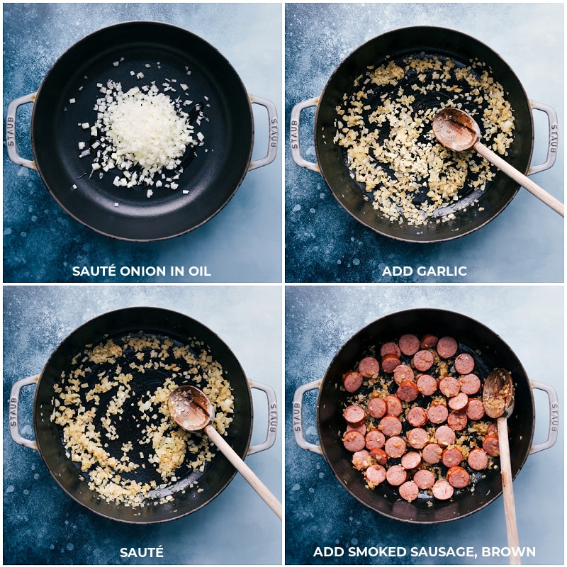 Process shots-- sautéing onion, garlic and sausage.