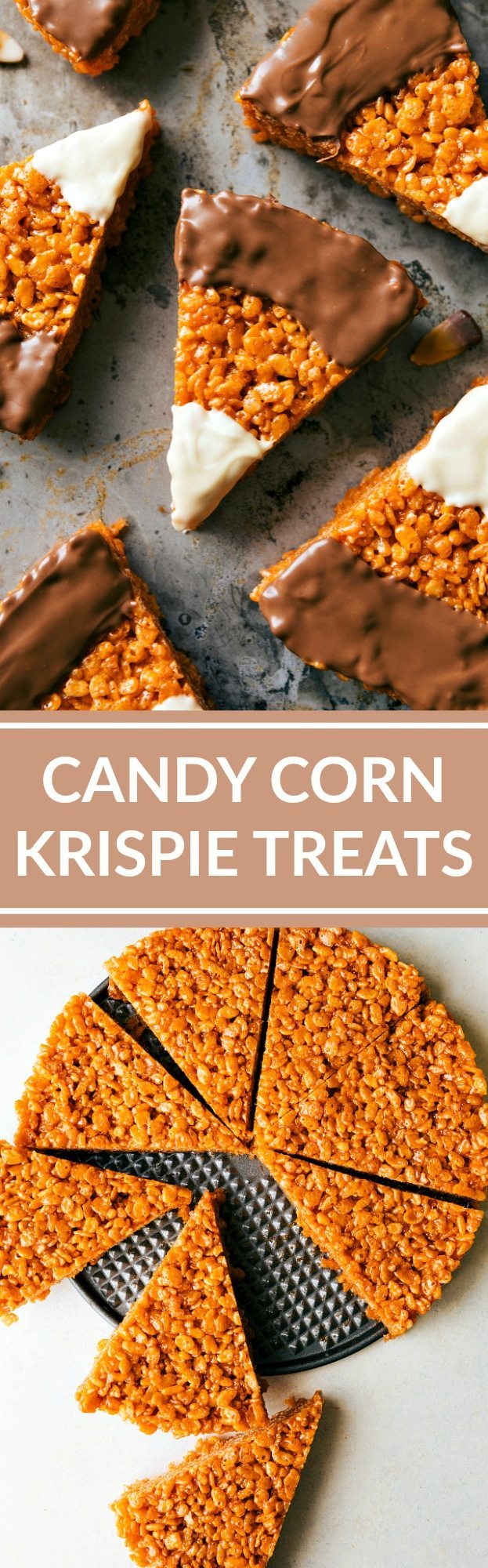 CANDY CORN KRISPIE TREATS! The absolute best peanut butter krispie treats decorated to look like candy corns with melted white and milk chocolate topping! Recipe via chelseasmessyapron.com