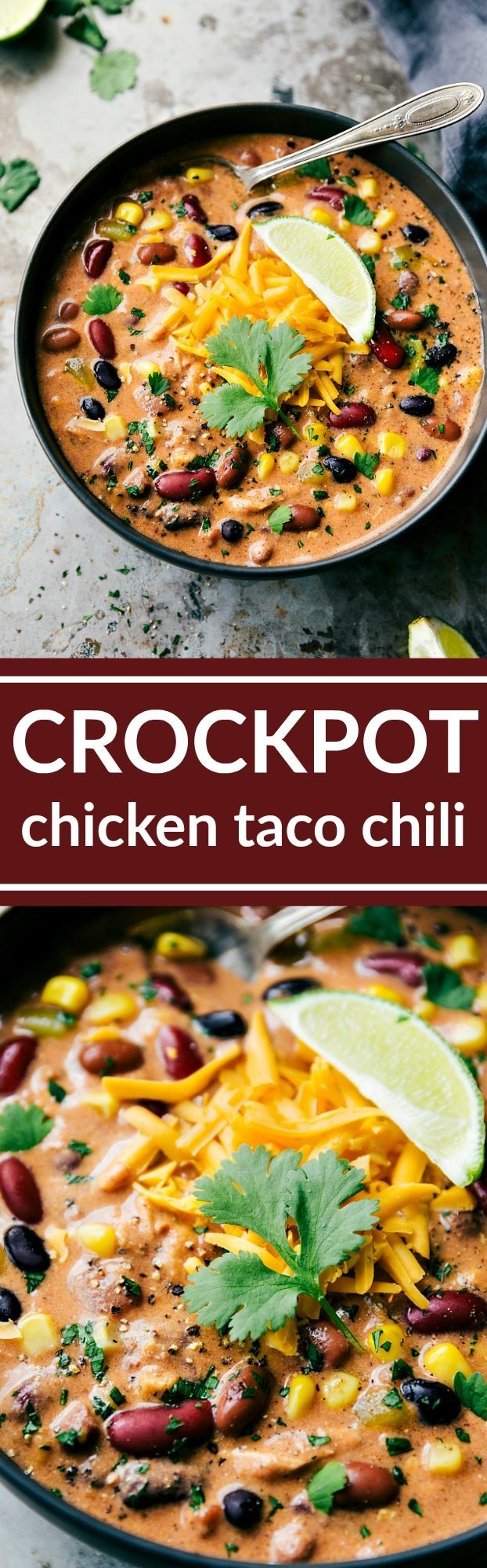 Dump it and forget about it crockpot creamy chicken taco chili with chicken, lots of beans and veggies, and plenty of good spice! via chelseasmessyapron.com