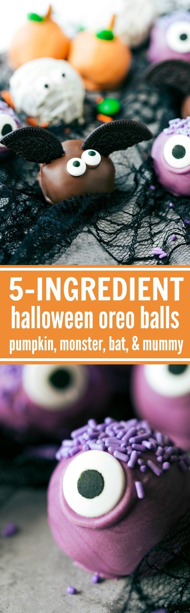 4 adorable and festive Halloween Oreo Balls monsters, pumpkins, bats, and mummies; each made with 5 ingredients or less! via chelseasmessyapron.com