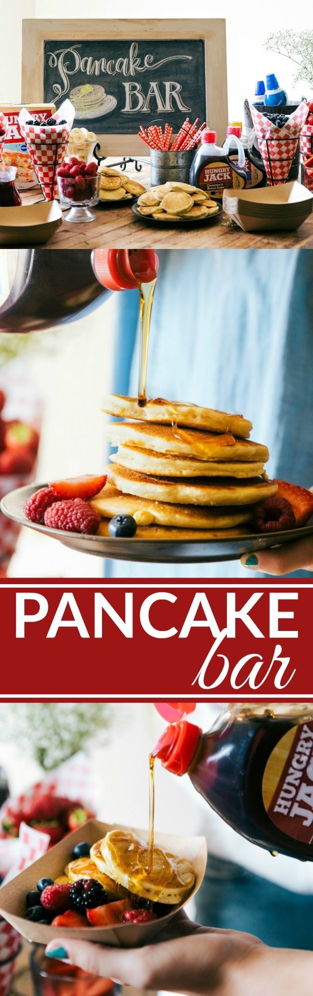 A great idea for a party, baby shower, wedding shower, birthday, etc. An easy PANCAKE BAR with a SPARKLING JUICE BAR! (Non alcoholic) Recipes via chelseasmessyapron.com