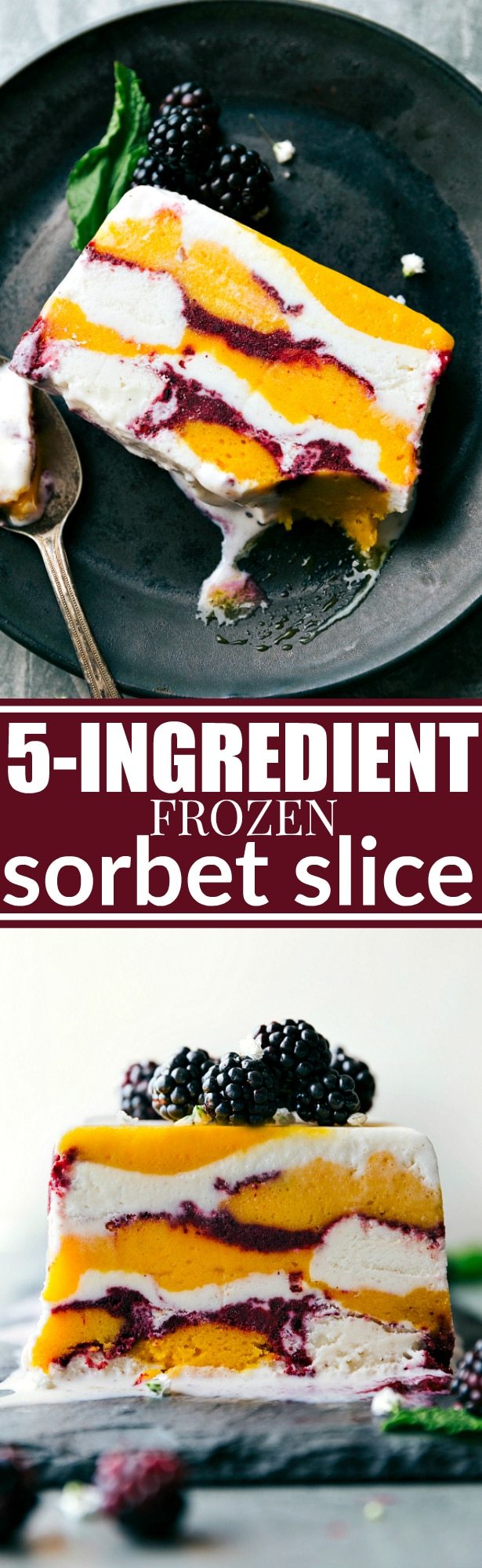 Only FIVE ingredients and a bread pan needed to make this impressive looking and beautiful dessert consisting of sorbet, frozen fruit, and vanilla bean ice cream. A show-stopping dessert that couldn't be easier to make! Via chelseasmessyapron.com