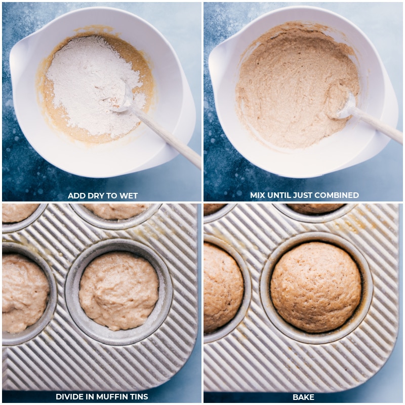 Process shots: add dry ingredients to wet; mix to combine; divide into muffin tins; bake