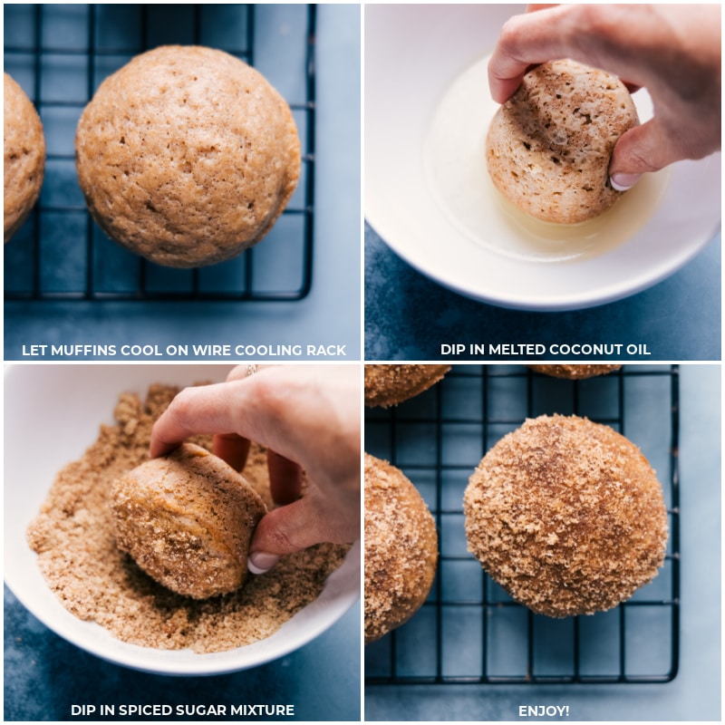 Process shots: Let muffins cool on a rack; dip into melted oil; dip into spiced sugar mix; serve