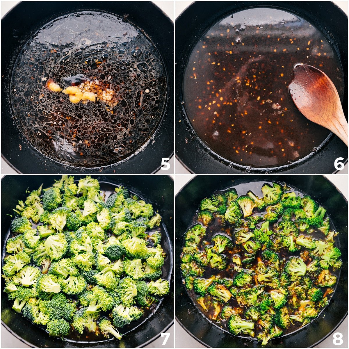Make the sauce in a pot, then add the veggies and sauté them.