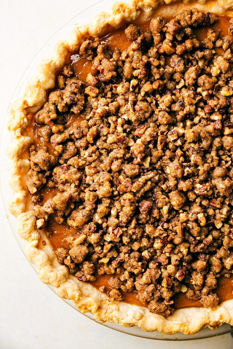 A simple-to-make (no hand mixers or stand mixers required!) pumpkin pie with a delicious sugary-pecan streusel. The (optional) two-ingredient maple whipped topping takes this pie over the top! via chelseasmessyapron.com