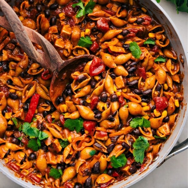 Enchilada Pasta in the skillet ready to be enjoyed.