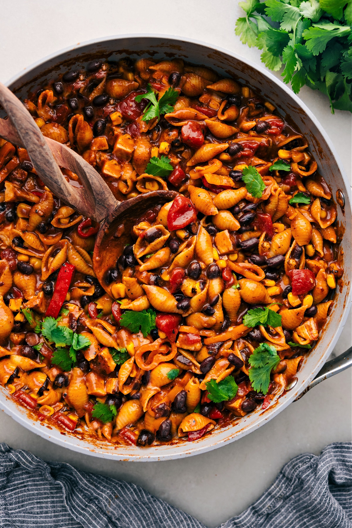 Enchilada Pasta in the skillet ready to be enjoyed.