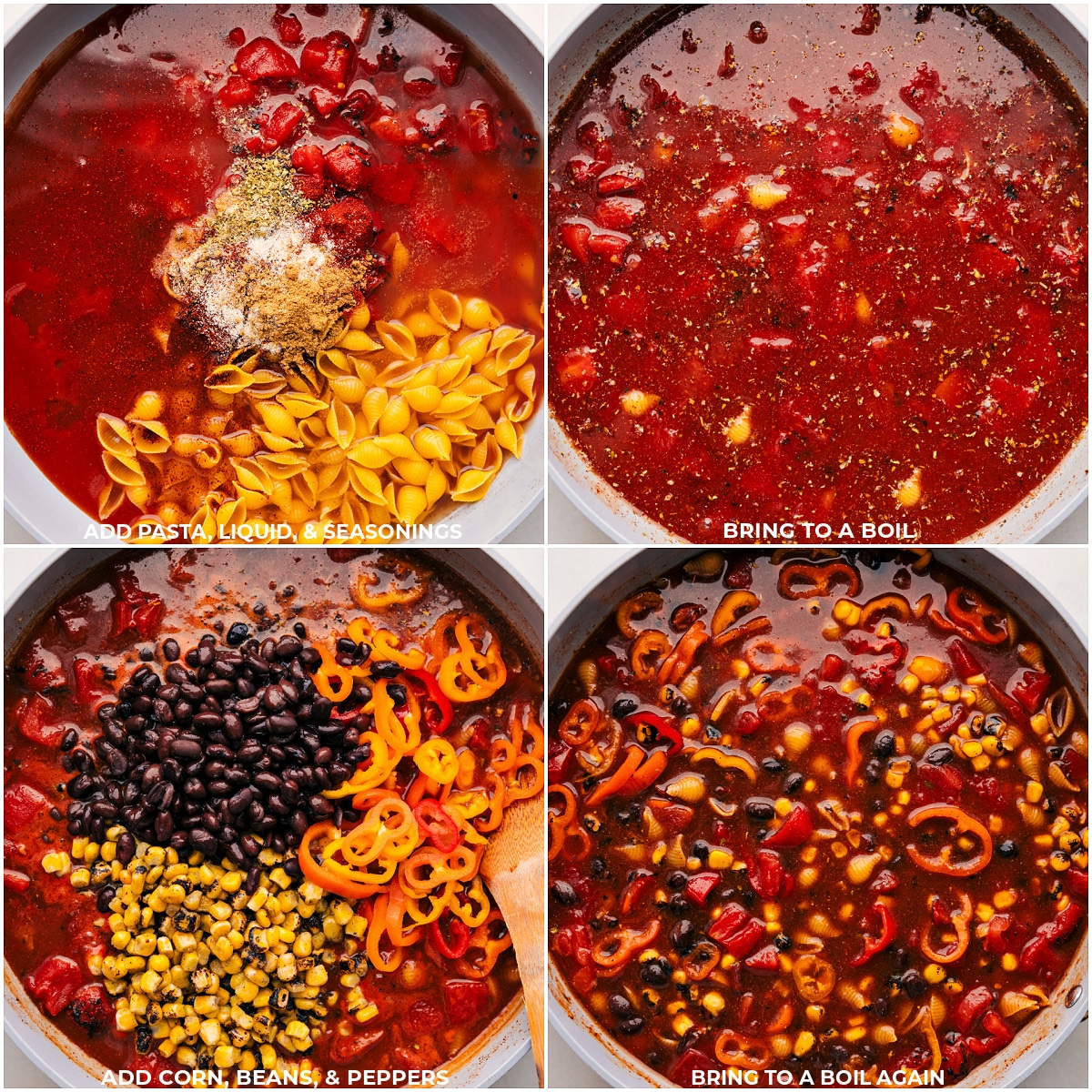 Pasta, liquid, seasonings, corn, beans, and pepper being added to a pot and it all being boiled for this enchilada pasta.