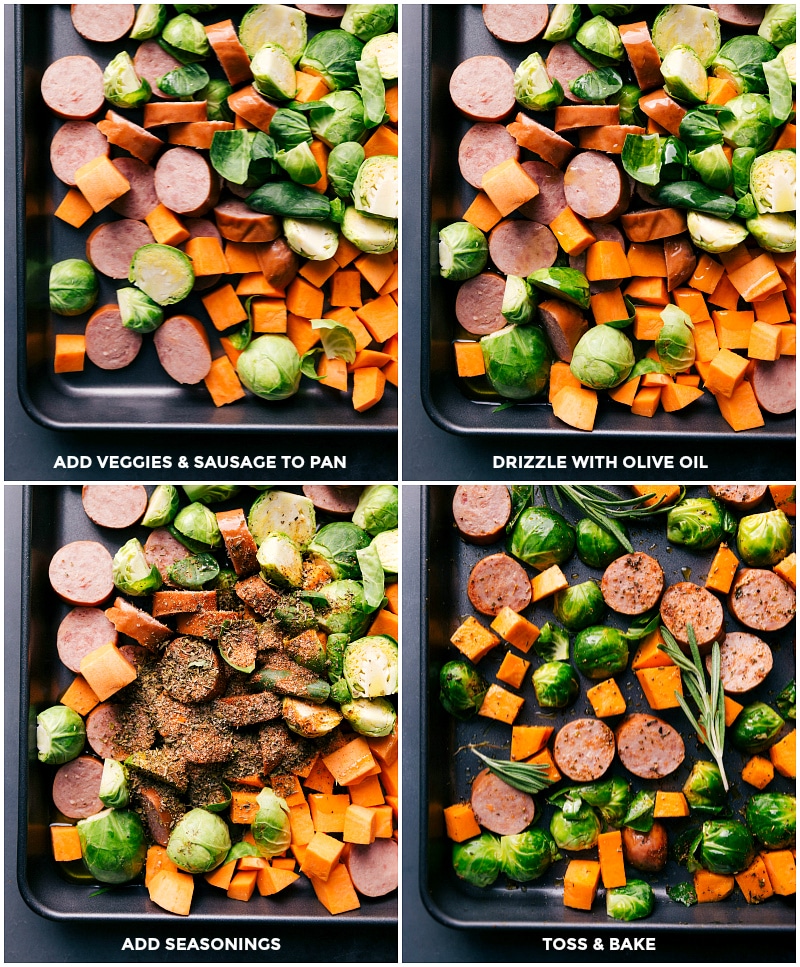 Ingredients being spread on a sheet pan, seasoned, drizzled with olive oil, and baked.