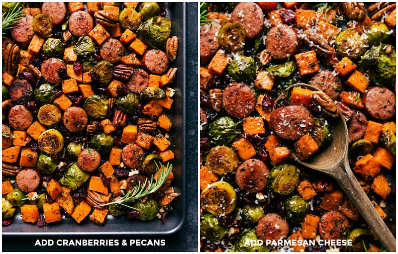 Process shots-- images of Harvest Vegetables and Sausage fresh out of the oven with Parmesan cheese being added on top.