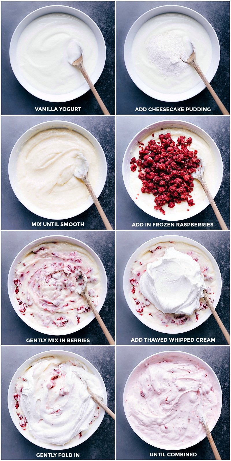 Process shots: Stir together the vanilla yogurt and the dry pudding mix; add in frozen raspberries and thawed whipped topping. Fold gently.