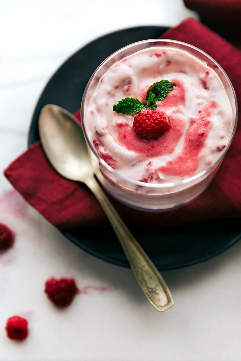 Up close overhead image of the raspberry fluff ready to be served